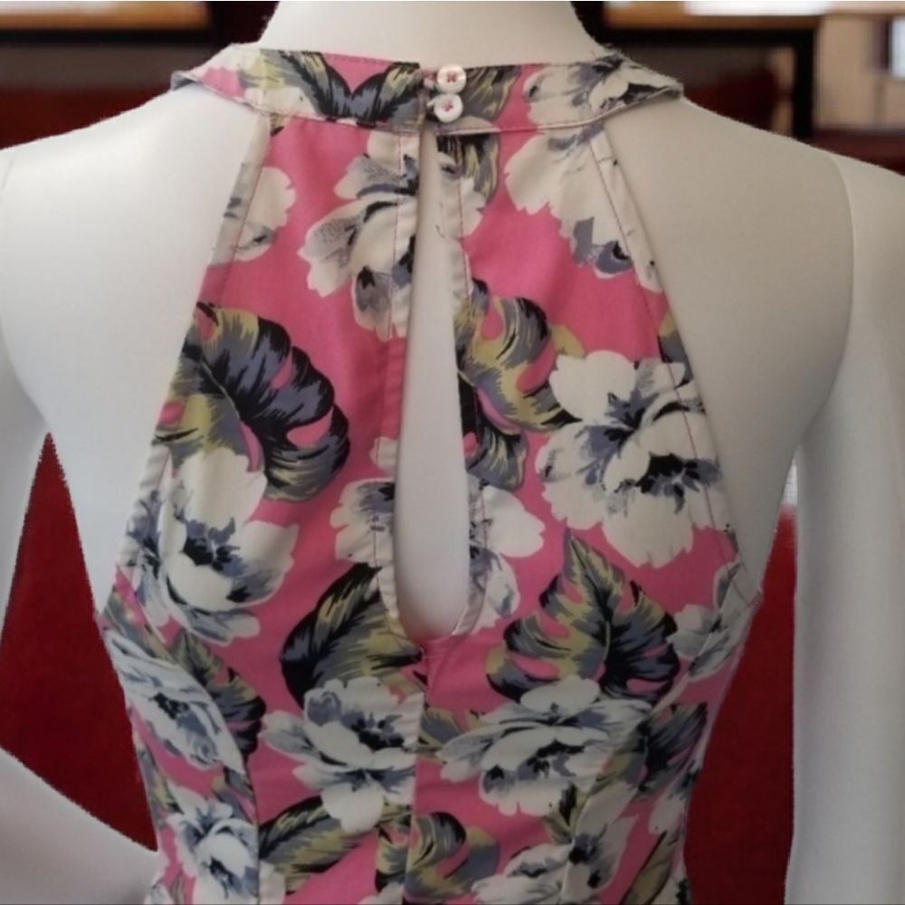 Hollister Skater Dress Pink Floral Sundress Sleeveless Halter Chiffon Fit Flare - Picture 7 of 13